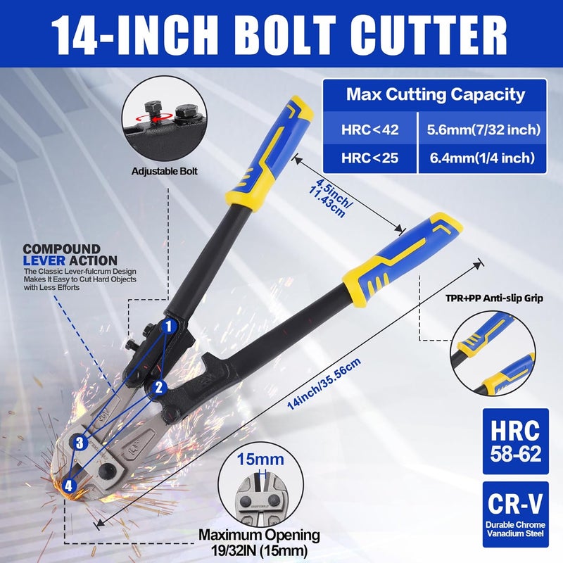 Evertools 4pc Bolt Cutter Pliers Sets, Heavy Duty Bolt Cutters, 14" Bolt Cutter and 8" Wire Cable Cutter, Mini 8" Bolt Cutter, 8" Cable Cutter for Cutting Locks, Steel Wire, Barbed Wire, Chains - Image 2